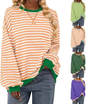 Women's Striped Long Sleeved Shirts Loose Casual Sweatshirts Round Neck Pullover Tops Blouses Fall Fashion Clothes