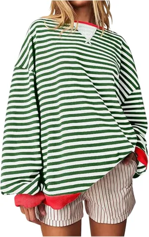 Women's Striped Long Sleeved Shirts Loose Casual Sweatshirts Round Neck Pullover Tops Blouses Fall Fashion Clothes