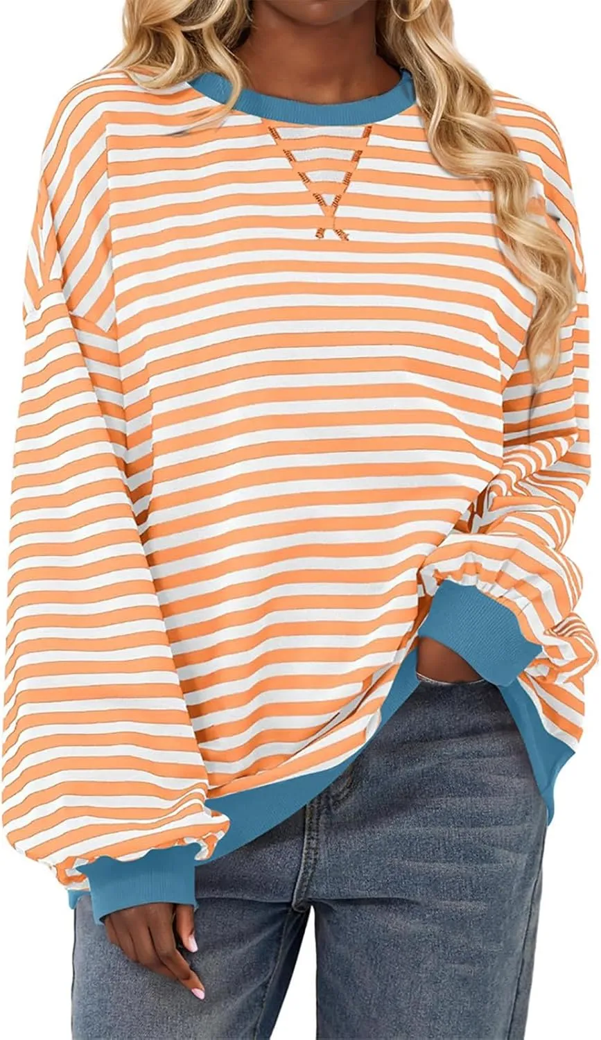 Women's Striped Long Sleeved Shirts Loose Casual Sweatshirts Round Neck Pullover Tops Blouses Fall Fashion Clothes