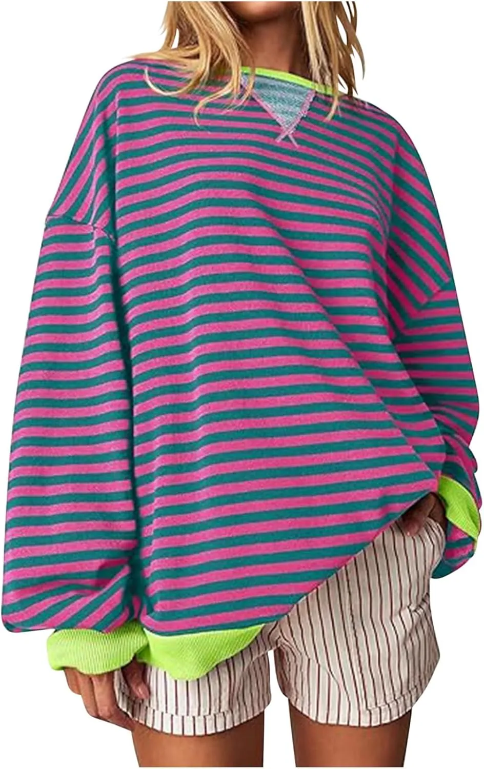Women's Striped Long Sleeved Shirts Loose Casual Sweatshirts Round Neck Pullover Tops Blouses Fall Fashion Clothes