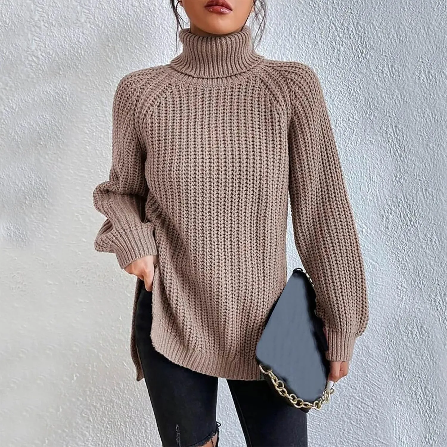 Women's Turtleneck Sweaters Slouchy Knit Chunky Sweater Fall Winter Fashion Cable Weaving Long Sleeve Pullover