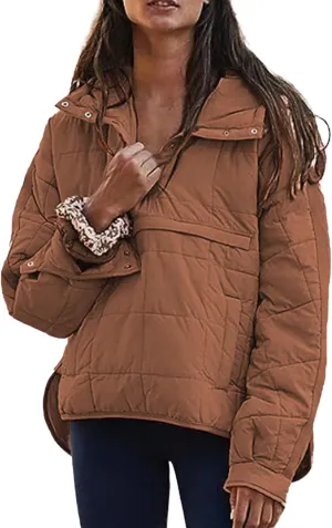 Womens Winter Casual Oversized Puffer Jacket Quilted Dolman Hoodies Pullover Long Sleeve Lightweight Warm Tops Coat