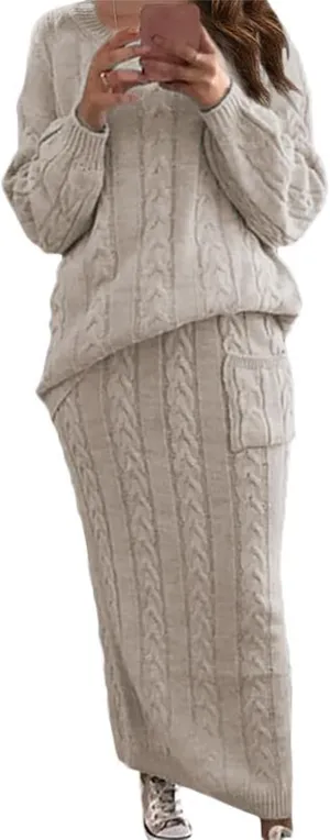 Women's Winter Chunky Cable Knit Long Skirt 2 Piece Outfit Sweater Sets Casual Comfy Slim Sweater Outfits