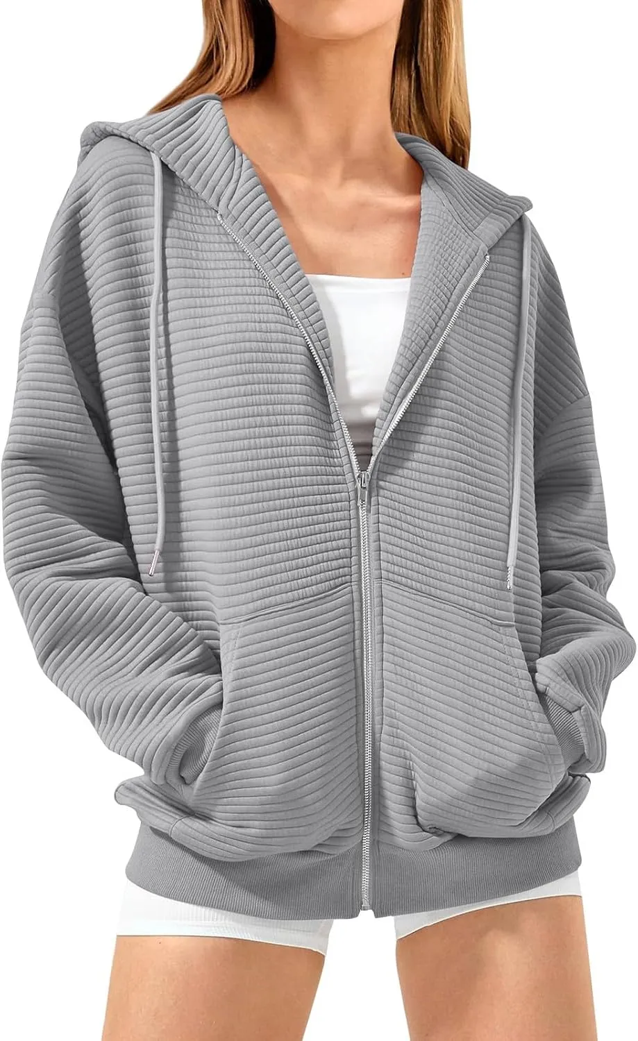 Womens Zip Up Hoodies Y2k Long Sleeve Cute Trendy Fleece Jacket Comfort Loose Fit Oversized Sweatshirt with Pockets