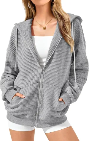 Womens Zip Up Hoodies Y2k Long Sleeve Cute Trendy Fleece Jacket Comfort Loose Fit Oversized Sweatshirt with Pockets