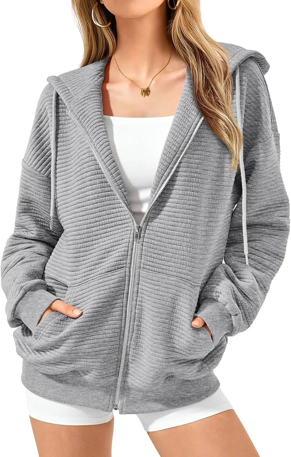 Womens Zip Up Hoodies Y2k Long Sleeve Cute Trendy Fleece Jacket Comfort Loose Fit Oversized Sweatshirt with Pockets