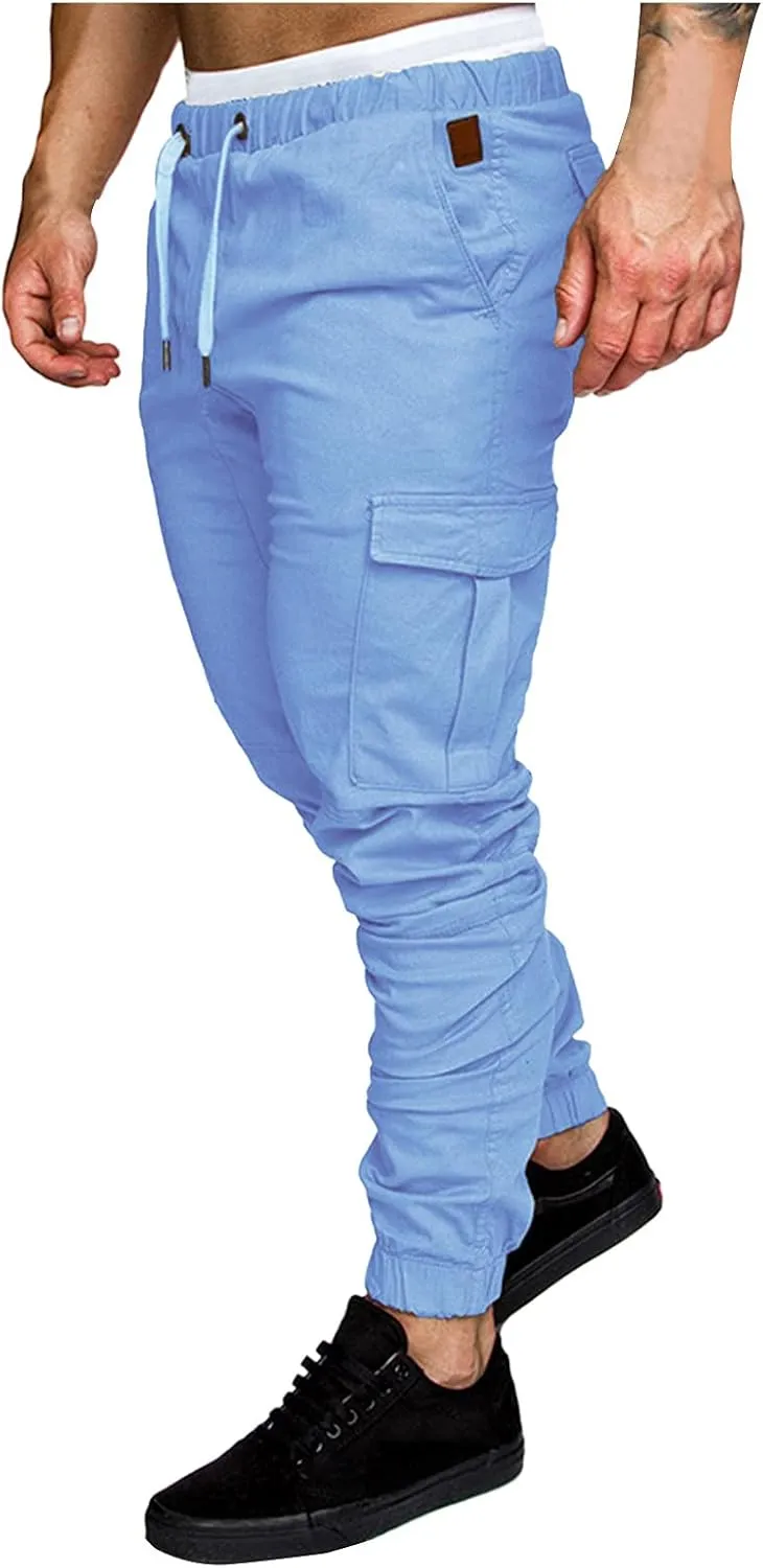 XUETON Mens Tapered Cargo Pants Slim Fit Chino Joggers Casual Work Trousers Sweatpants with Pockets and Drawstring Light Blue