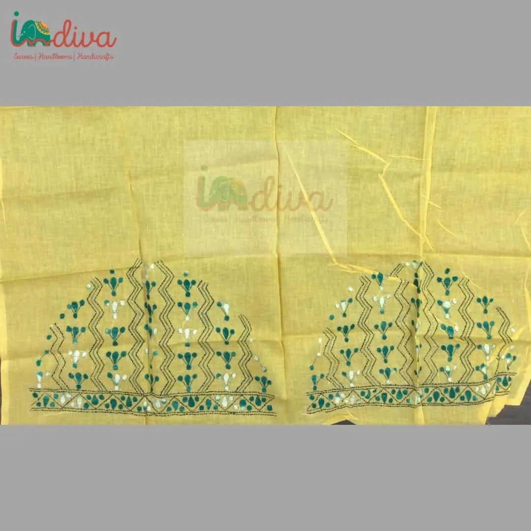 Yellow Kantha Blouse Fabric With Green & White Motifs