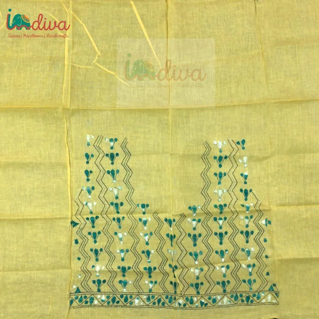 Yellow Kantha Blouse Fabric With Green & White Motifs